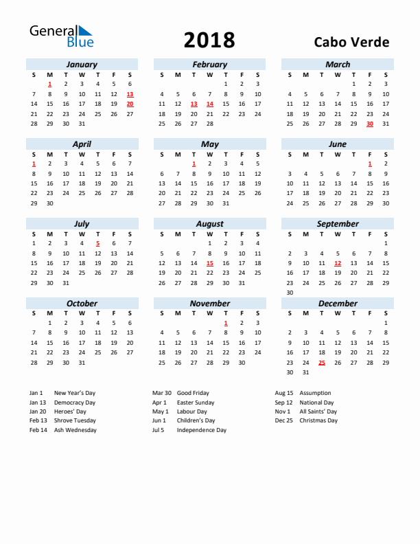 2018 Calendar for Cabo Verde with Holidays