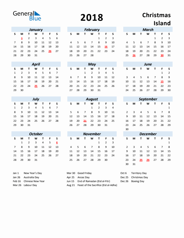 2018 Calendar for Christmas Island with Holidays