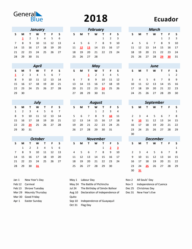 2018 Calendar for Ecuador with Holidays