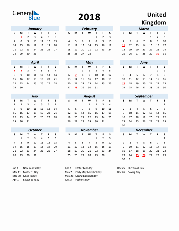 2018 Calendar for United Kingdom with Holidays