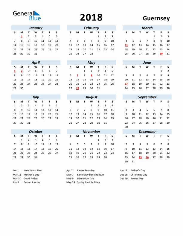 2018 Calendar for Guernsey with Holidays