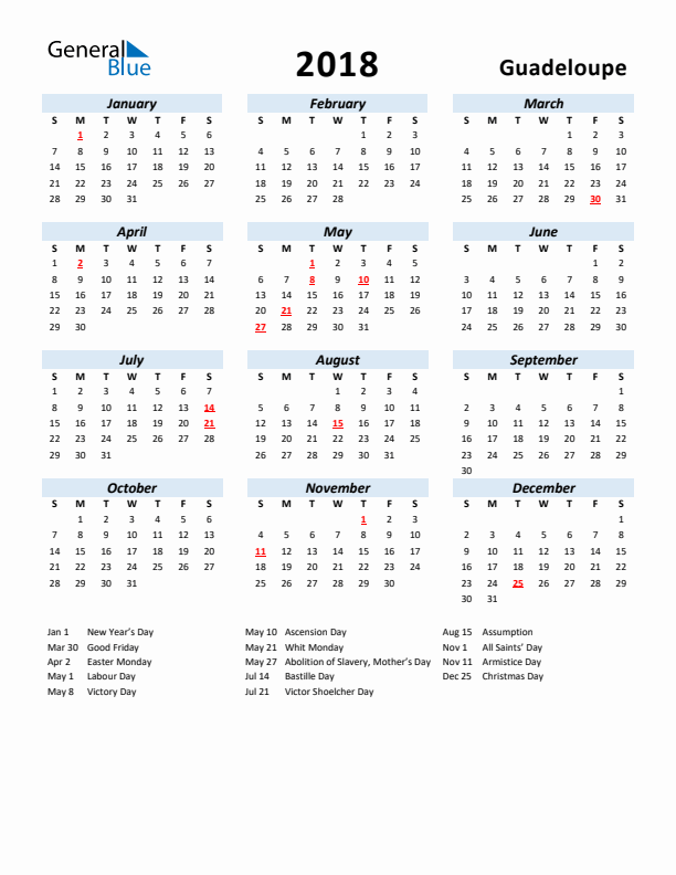 2018 Calendar for Guadeloupe with Holidays