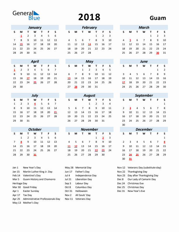 2018 Calendar for Guam with Holidays