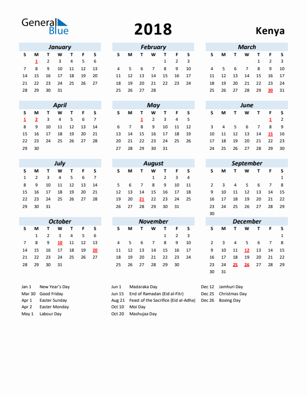 2018 Calendar for Kenya with Holidays