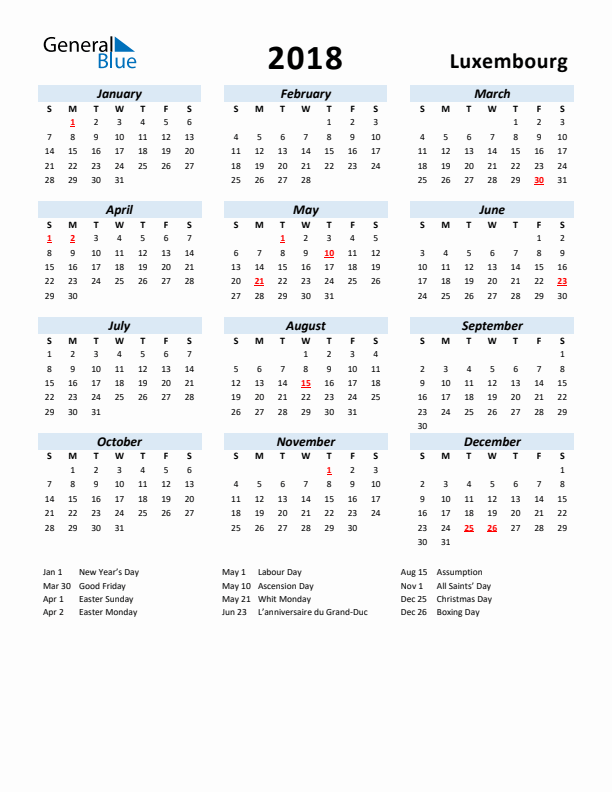 2018 Calendar for Luxembourg with Holidays