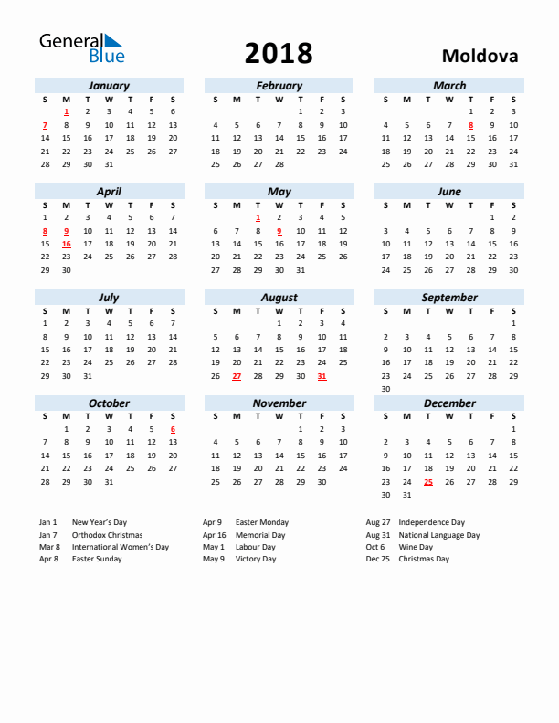 2018 Calendar for Moldova with Holidays