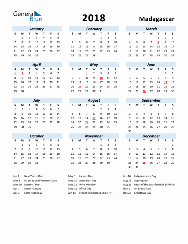 2018 Calendar for Madagascar with Holidays