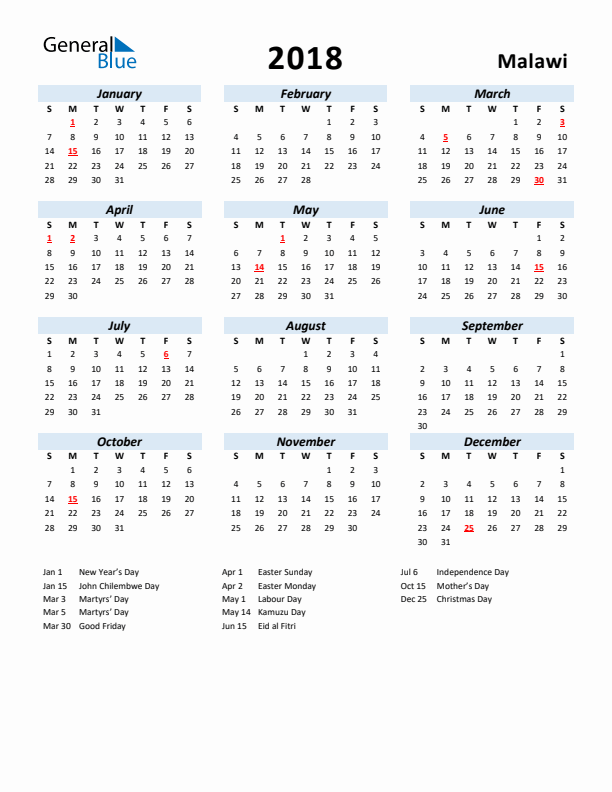 2018 Calendar for Malawi with Holidays