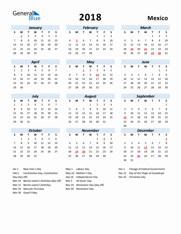 2018 Calendar for Mexico with Holidays