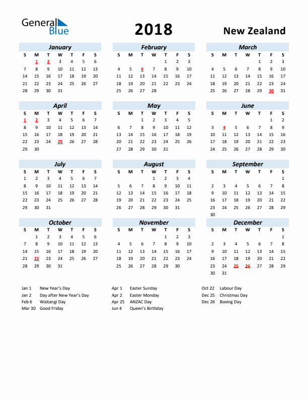 2018 Calendar for New Zealand with Holidays