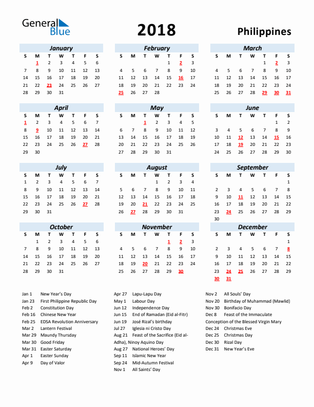 2018 Calendar for Philippines with Holidays