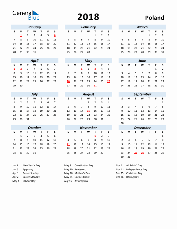 2018 Calendar for Poland with Holidays