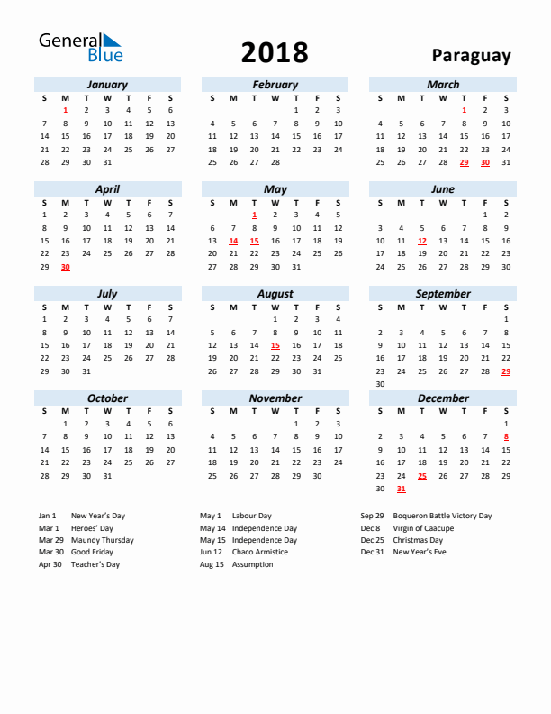 2018 Calendar for Paraguay with Holidays