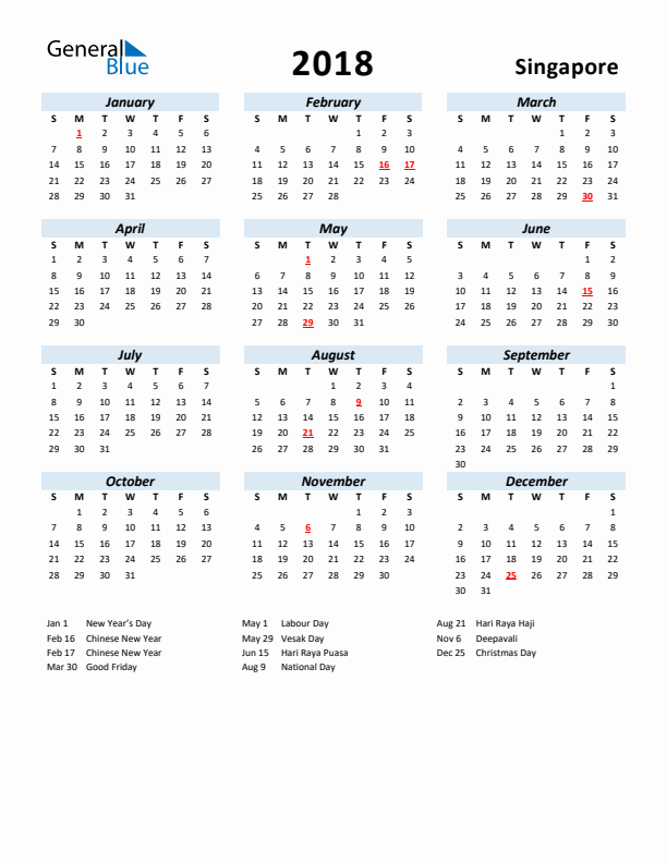 2018 Calendar for Singapore with Holidays