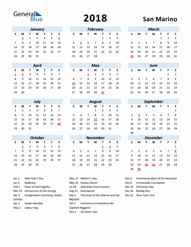 2018 Calendar for San Marino with Holidays