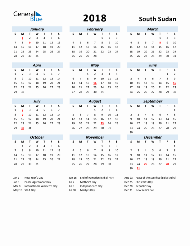 2018 Calendar for South Sudan with Holidays