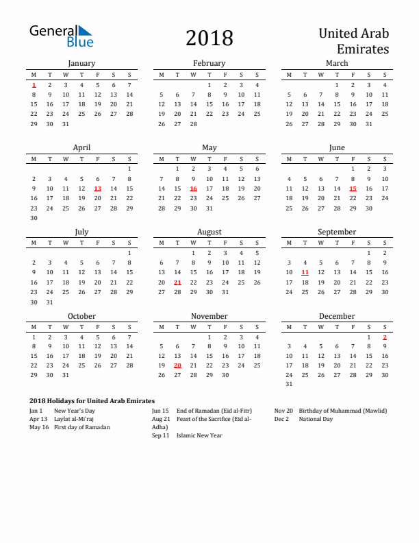 United Arab Emirates Holidays Calendar for 2018