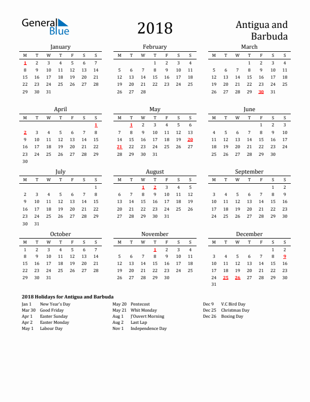 Antigua and Barbuda Holidays Calendar for 2018