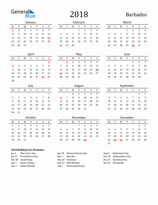 Barbados Holidays Calendar for 2018