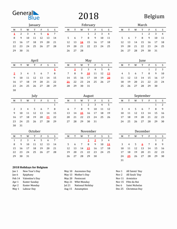 Belgium Holidays Calendar for 2018