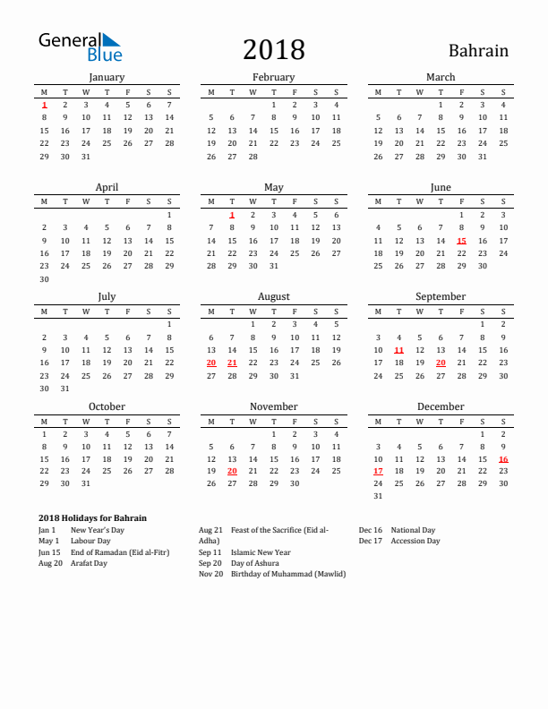 Bahrain Holidays Calendar for 2018