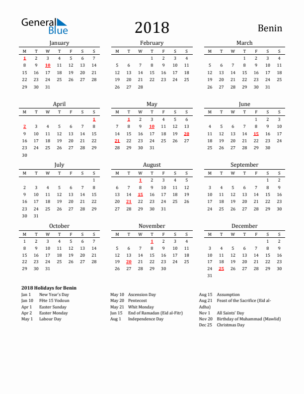 Benin Holidays Calendar for 2018