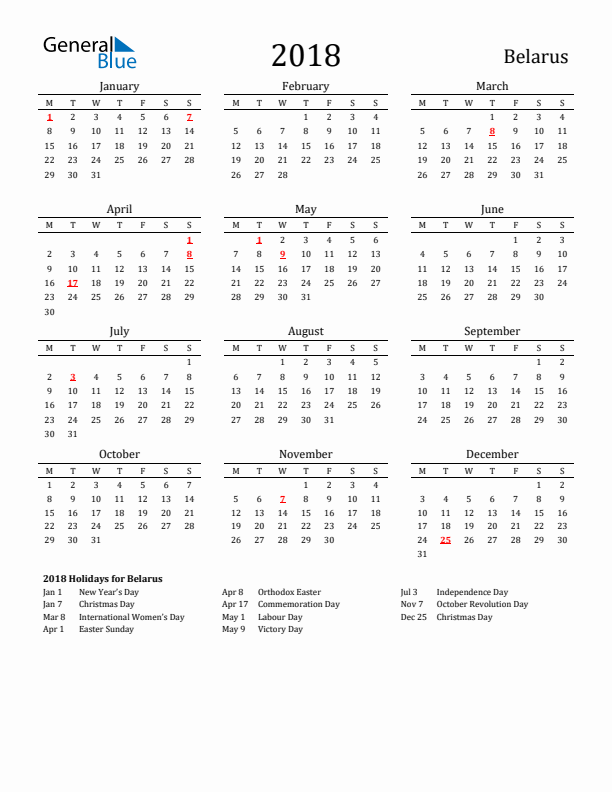 Belarus Holidays Calendar for 2018