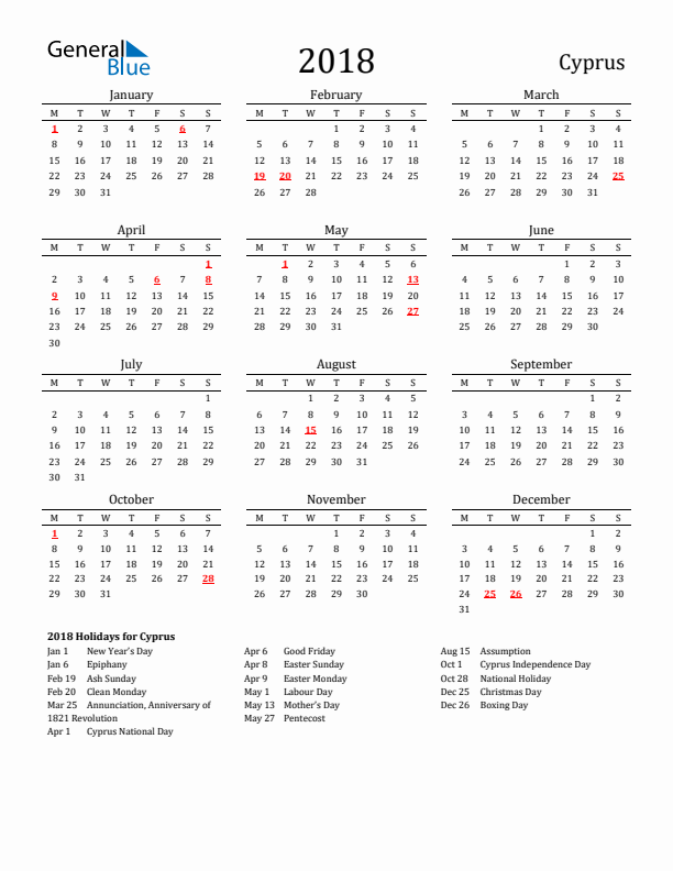 Cyprus Holidays Calendar for 2018