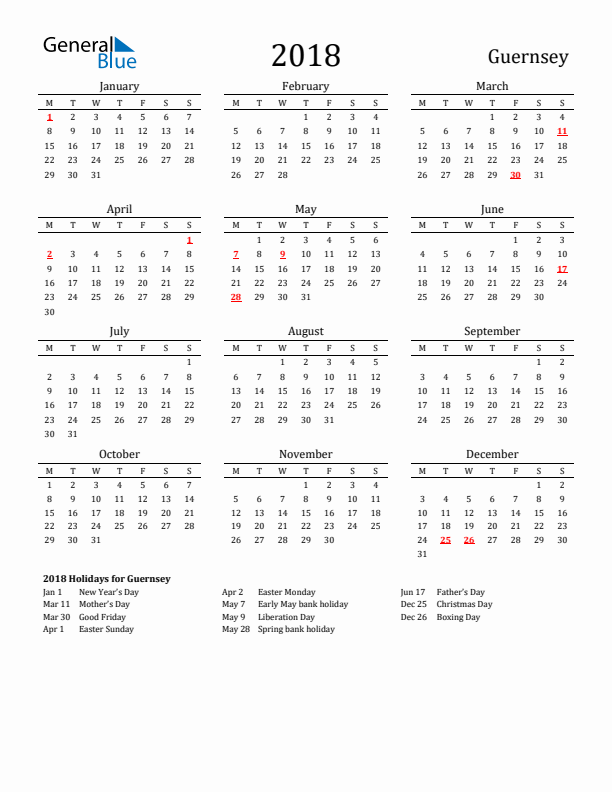 Guernsey Holidays Calendar for 2018