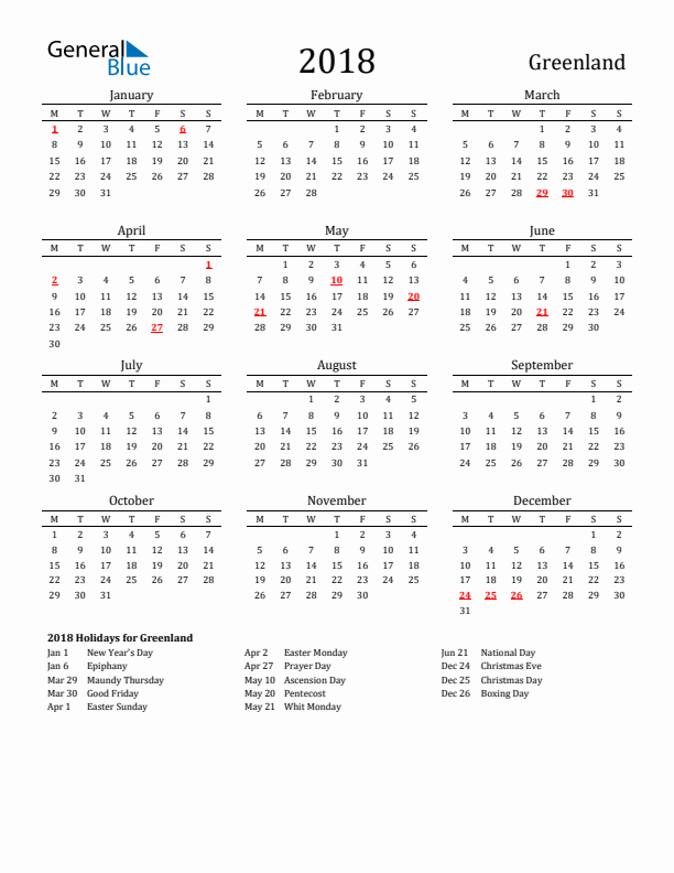 Greenland Holidays Calendar for 2018