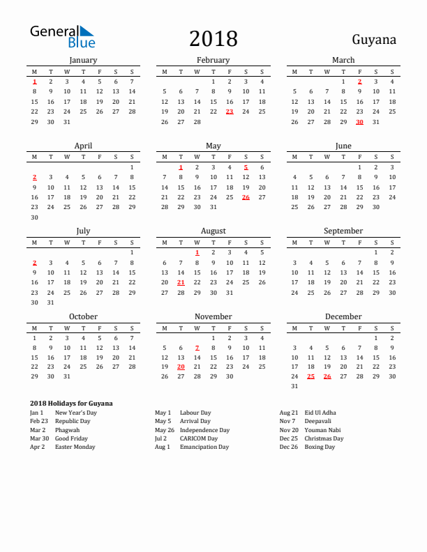 Guyana Holidays Calendar for 2018