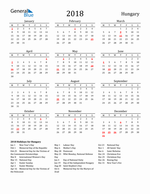 Hungary Holidays Calendar for 2018