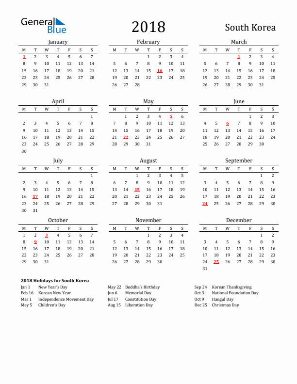 South Korea Holidays Calendar for 2018