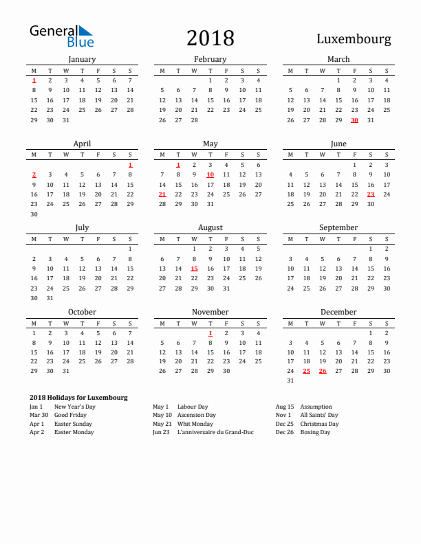 Luxembourg Holidays Calendar for 2018