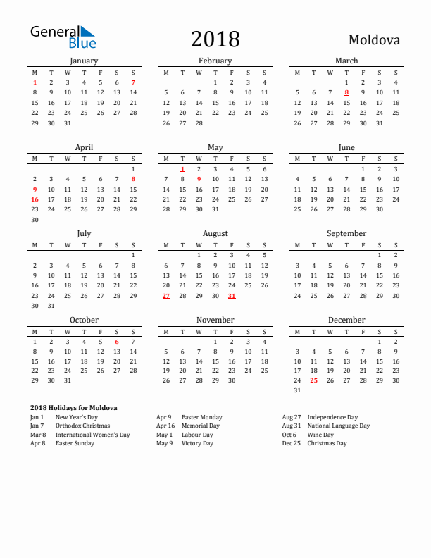 Moldova Holidays Calendar for 2018