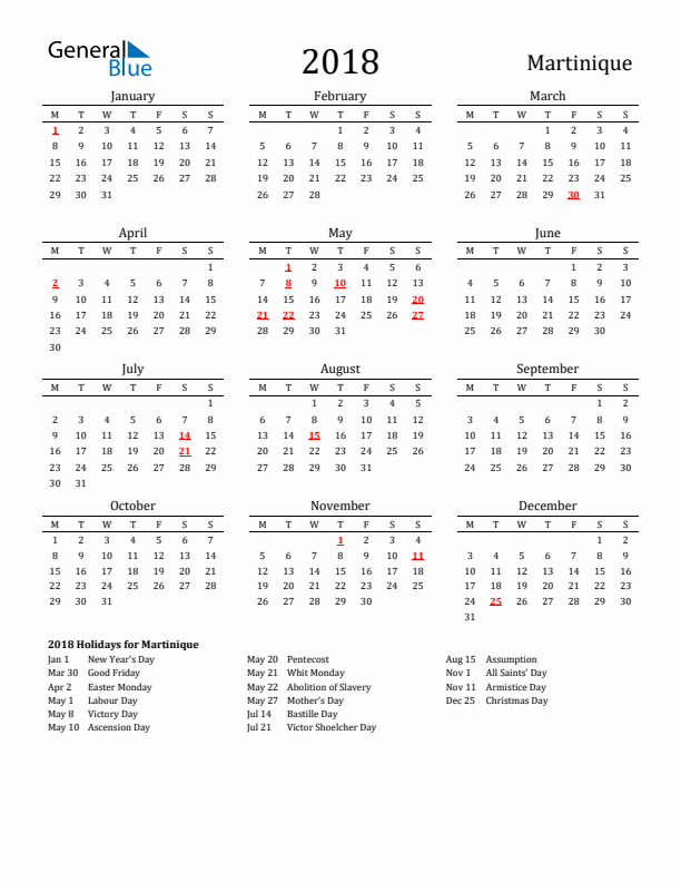 Martinique Holidays Calendar for 2018