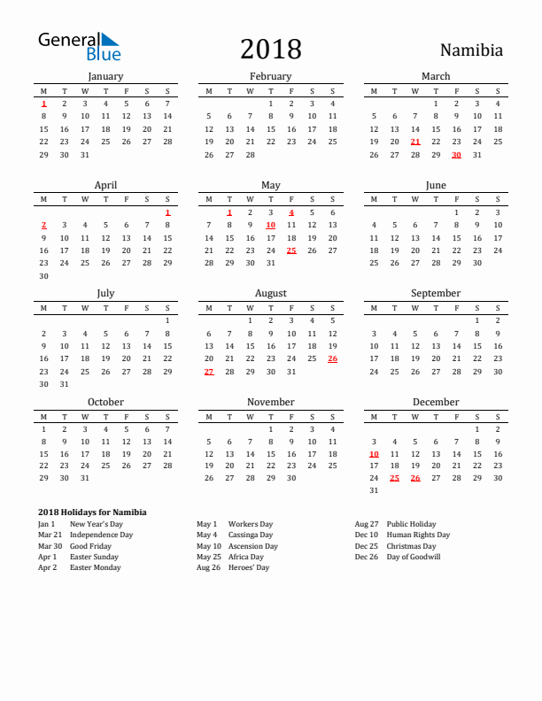 Namibia Holidays Calendar for 2018