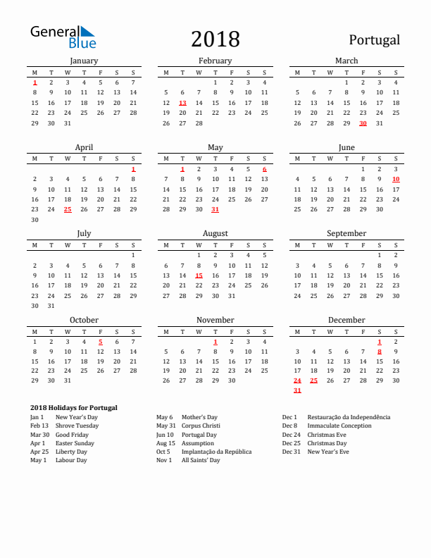 Portugal Holidays Calendar for 2018