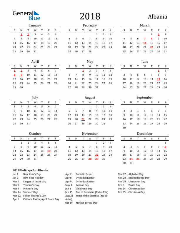 Albania Holidays Calendar for 2018