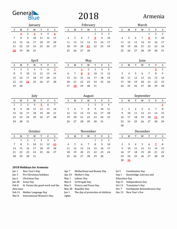 Armenia Holidays Calendar for 2018