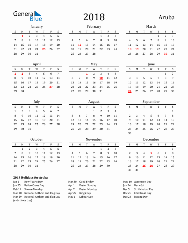 Aruba Holidays Calendar for 2018