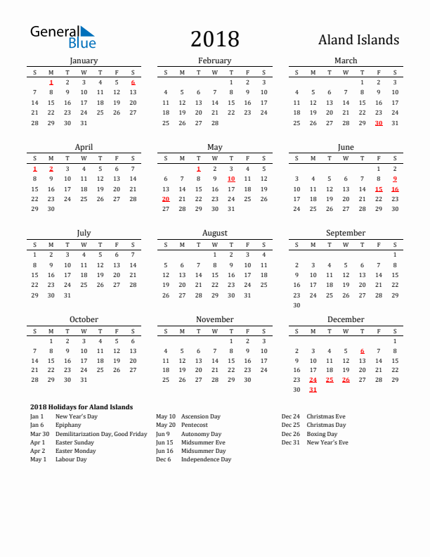 Aland Islands Holidays Calendar for 2018