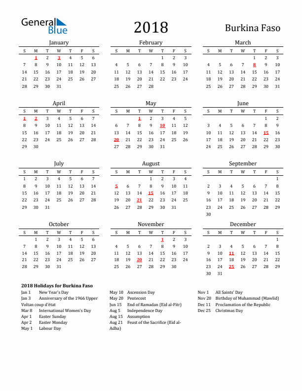 Burkina Faso Holidays Calendar for 2018