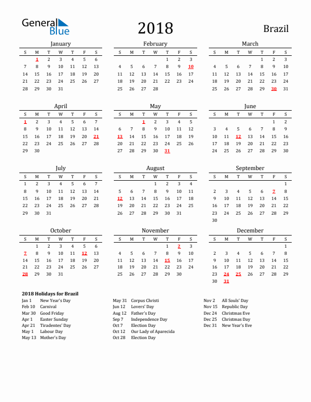 Brazil Holidays Calendar for 2018