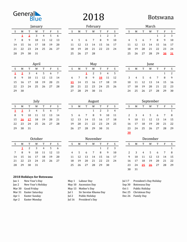 Botswana Holidays Calendar for 2018