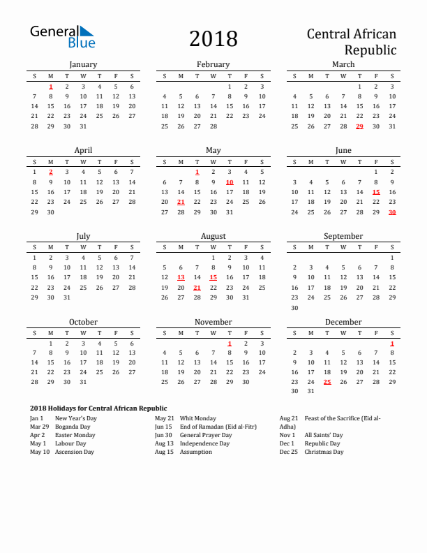 Central African Republic Holidays Calendar for 2018