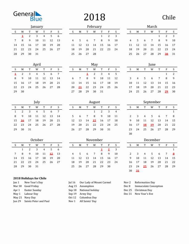 Chile Holidays Calendar for 2018