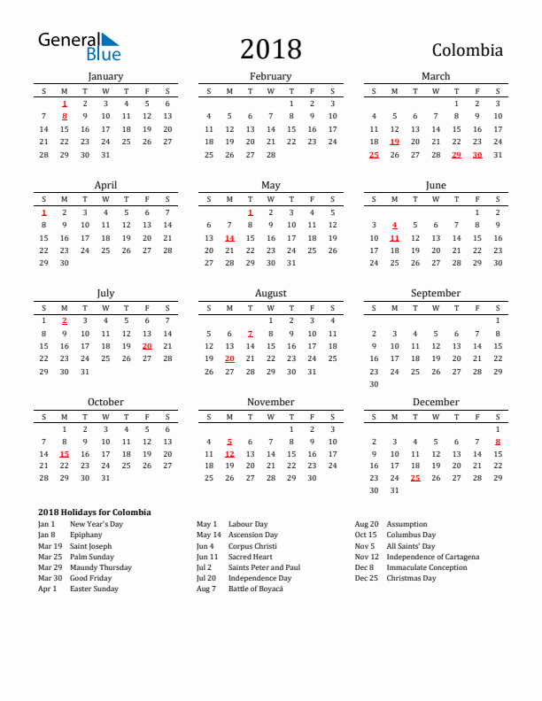 Colombia Holidays Calendar for 2018