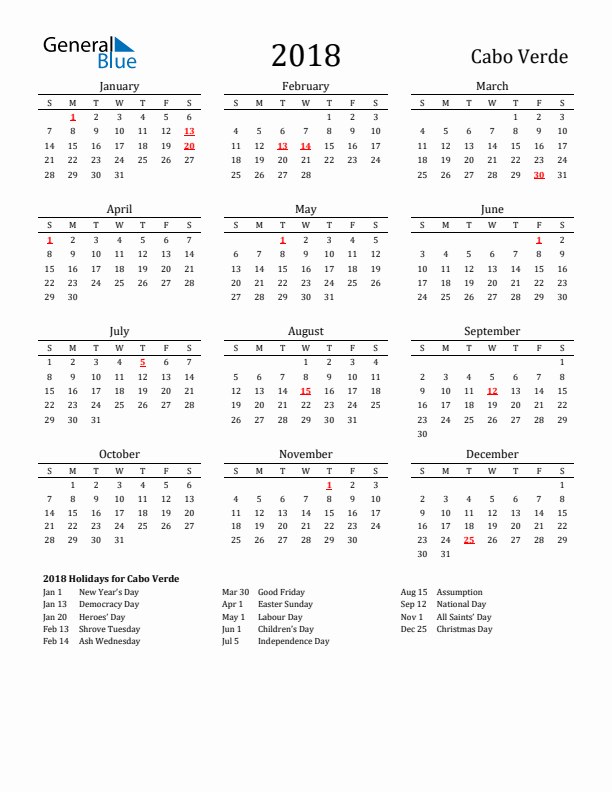 Cabo Verde Holidays Calendar for 2018