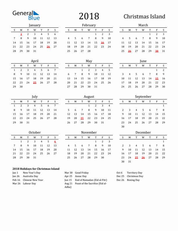 Christmas Island Holidays Calendar for 2018